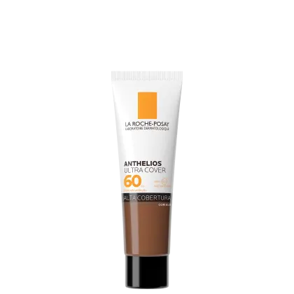 Tubo branco de protetor solar da marca La Roche-Posay, com rótulo laranja e preto, e texto "Anthelios Ultra Cover 60" indicando o fator de proteção solar. 
