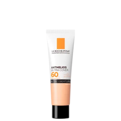 Tubo de protetor solar da marca La Roche-Posay, com embalagem branca e laranja, rotulado como "Anthelios Ultra Cover SPF 60", indicando alta proteção solar.