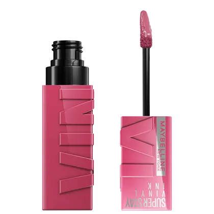 Maybelline Super Stay Matte Ink batom líquido em embalagem rosa com detalhes pretos, com aplicador em formato de pincel para aplicação precisa.