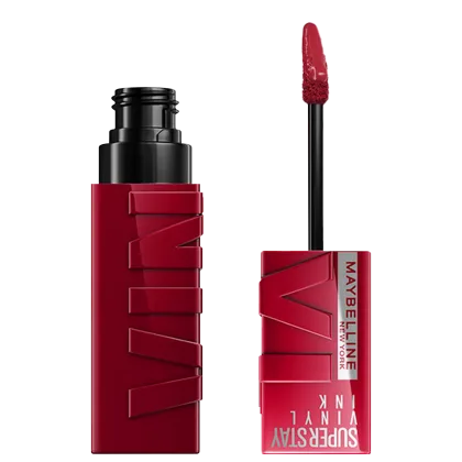Batom líquido vermelho em embalagem preta e vermelha com texto "Maybelline New York Super Stay Ink Crayon" em destaque.