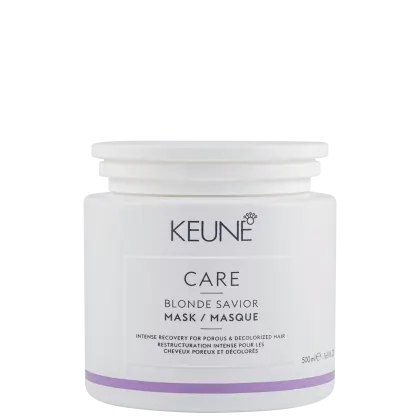 Frasco branco da linha Keune Care, contendo a máscara Blonde Savior para cabelos porosos e descoloridos. Rótulo com o nome da marca e do produto em letras pretas e detalhes em lilás.