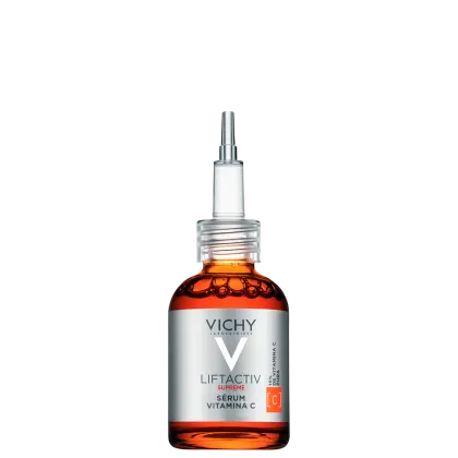 Frasco de vidro com sérum Vichy Liftactiv Supreme, contendo vitamina C, com tampa de metal e rótulo branco com logotipo da marca.