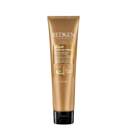 Tubo de tratamento capilar da marca Redken, com rótulo dourado e texto em branco. Produto de cuidados capilares com fórmula balanceada de ácido hialurônico, indicado para restaurar a hidratação dos cabelos.