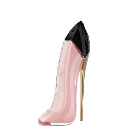 Frasco de perfume Carolina Herrera de formato geométrico, com corpo rosa e detalhes em preto e dourado. Embalagem elegante e sofisticada, com destaque para o nome da marca.