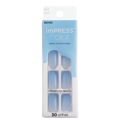 Embalagem contendo 30 unhas postiças autocolantes em tons de azul. Rótulo na parte superior com o nome do produto "imPRESS color" e a indicação "unhas autocolantes" e "não precisa de cola. Tamanho médio indicado pela letra "M" no canto superior esquerdo.