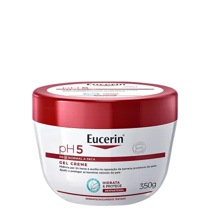 Gel creme da marca Eucerin, com pH 5, para pele normal a seca. Recipiente redondo de cor vermelha e branca, com rótulo informando sobre a hidratação e proteção da pele.
