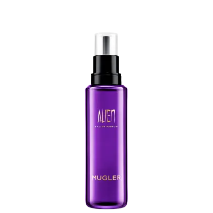 Frasco de perfume Alien da Mugler, com design elegante em tom de roxo intenso e detalhes em preto, apresentando o nome da marca em destaque.