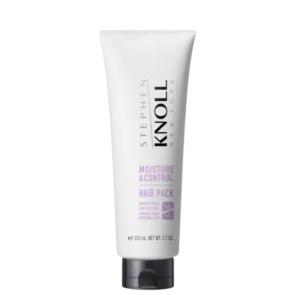 Tubo branco de 222 ml do produto de cuidados capilares "Moisture & Control Hair Pack" da marca Stephen Knoll, com rótulo preto e texto descritivo sobre os benefícios do produto.