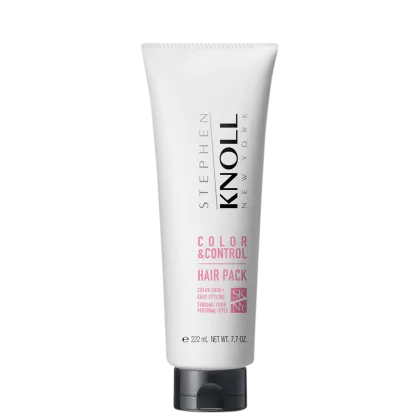 Tubo branco de 222 ml do produto de cabelo "Color & Control Hair Pack" da marca Stephen Knoll, com rótulo preto e rosa indicando cuidados com a cor e controle do estilo do cabelo.