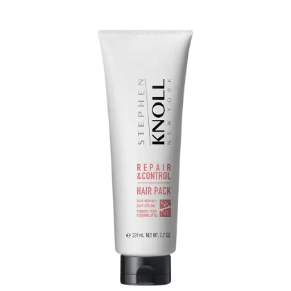 Tubo branco de 224 ml do produto de cabelo "Repair & Control Hair Pack" da marca Stephen Knoll, com rótulo preto e vermelho destacando os benefícios de reparo e controle.