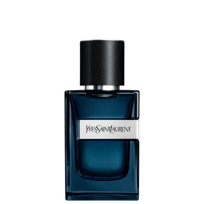 Frasco de perfume Yves Saint Laurent de cor azul escuro com rótulo branco e tampa preta de design minimalista. Embalagem elegante e sofisticada, com destaque para o nome da marca em letras brancas.