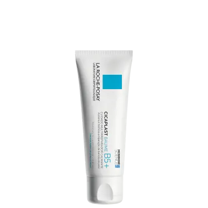 Tubo branco de 100 ml do produto de cuidados com a pele Cicaplast Baume B5+ da marca La Roche-Posay, com rótulo azul destacando seus benefícios de cuidado e restauração da barreira cutânea.