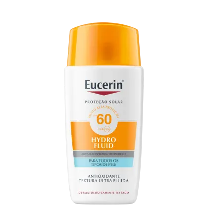 Frasco branco e laranja da marca Eucerin contendo protetor solar com FPS 60, com texto "Proteção Solar" e "Hydro Fluid" em destaque.