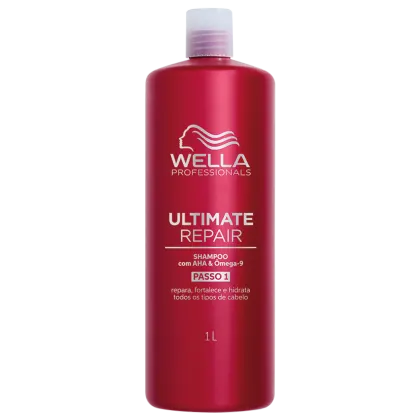 Shampoo Ultimate Repair da linha Wella Professionals. Embalagem vermelha com capacidade de 1 litro. Texto Ultimate Repair, informações sobre o produto e logotipo da marca Wella em branco.