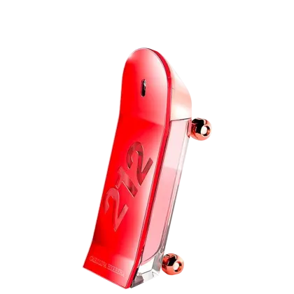 Frasco de perfume 212 Heroes For Her Collector Edition vermelho com design em formato de skate,  contendo o nome "212" em destaque. 