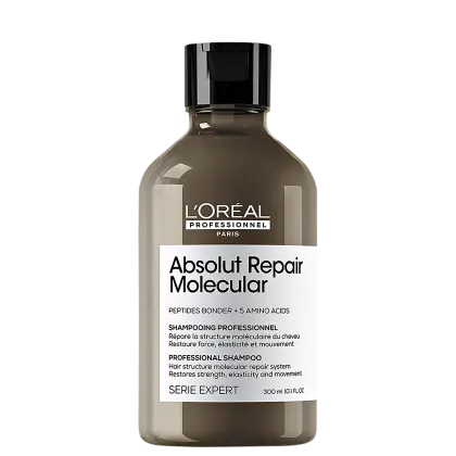 Shampoo da marca L'Oréal Professionnel Paris, com rótulo "Absolut Repair Molecular" e informações sobre o produto, incluindo "Peptides Bonder + 5 Amino Acids" e "Professional Shampoo".