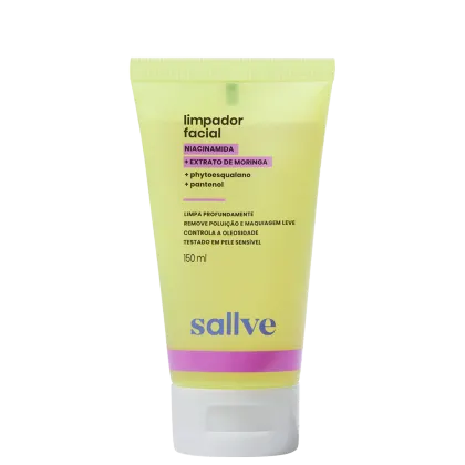 Limpador facial Sallve, com rótulo em tons de amarelo e roxo. O produto contém ingredientes como niacinamida, extrato de moringa e pantenol, e promete limpar profundamente, remover maquiagem e controlar a oleosidade, sendo testado em pele sensível.