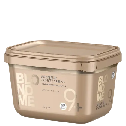 Produto de clareamento capilar da marca Blondme, com rótulo indicando "Premium Lightener 9+" e "Advanced Neutralization" com até 9 níveis de claridade.