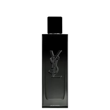 Frasco de perfume Yves Saint Laurent com design minimalista em preto brilhante. O logotipo da marca YSL é destacado em relevo na embalagem, conferindo um aspecto elegante e sofisticado ao produto.