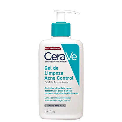 Frasco branco com bomba doseadora azul-turquesa da linha CeraVe, contendo "Gel de Limpeza Acne Control" para pele oleosa e acneica, com 3 ceramidas essenciais, niacinamida e argila branca.