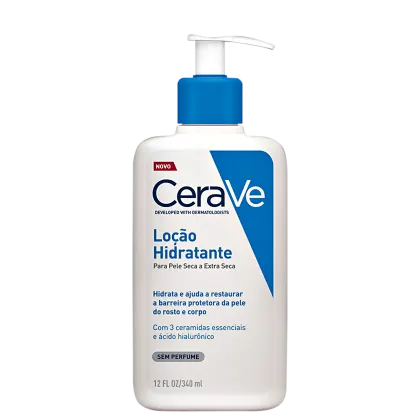 Frasco branco com bomba doseadora azul da linha CeraVe, contendo loção hidratante para pele seca a extra seca, com 3 ceramidas essenciais e ácido hialurônico, sem perfume, com 340 ml.