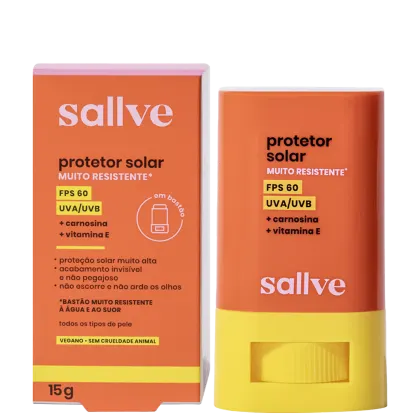 A imagem mostra um protetor solar em bastão com base amarela e restante do corpo em laranja, além de caixa retangular laranja.