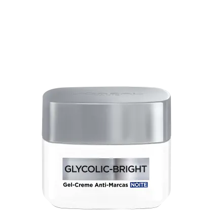Frasco de creme facial L'Oréal Paris Glycolic-Bright, com embalagem prateada e rótulo indicando "Gel-Creme Anti-Marcas NOITE". O produto é apresentado em um recipiente oval com tampa arredondada, em tons de cinza e branco.
