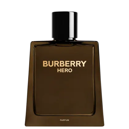 A imagem mostra um frasco de perfume retangular, na cor marrom, com escritos em dourado. Tem uma tampa preta e cromada na parte superior. A imagem tem um fundo preto, destacando o design elegante e sofisticado do produto Burberry.