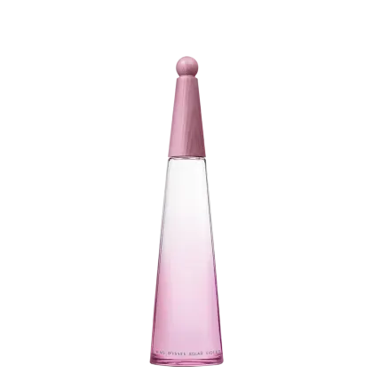 A imagem mostra o frasco de perfume alongado e possui um formato cônico invertido com uma esfera arredondada no topo. O frasco tem uma coloração rosa claro e está impresso o nome "L'Eau d'Issey Solar Violet", nome e marca da fragrância.