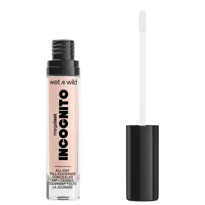 A imagem mostra um corretivo líquido da marca de cosméticos Wet n Wild chamado "Incognito". O produto é descrito como "Cobertura Total o Dia Todo" e apresenta um aplicador em forma de pincel integrado à embalagem.