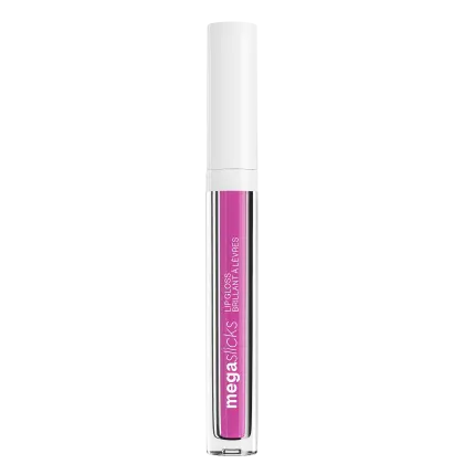 Gloss labial líquido rosa em embalagem transparente com aplicador de espuma. O frasco tem o texto "megaslick" e "brilliant lip gloss" em letras brancas. O aplicador é um bastão branco com uma ponta de espuma na extremidade.