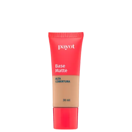 A imagem mostra um um tubo plástico de base da marca Payot. Na metade do tubo ele é transparente para apresentar a cor do produto e o outro restante é vermelho, assim como a tampa. Na embalagem consta marca, acabamento, cobertura e volumetria.