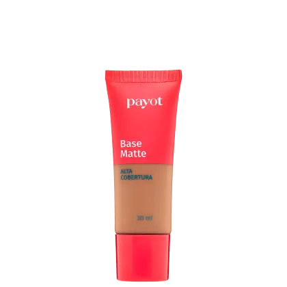 A imagem mostra um um tubo plástico de base da marca Payot. Na metade do tubo ele é transparente para apresentar a cor do produto e o outro restante é vermelho, assim como a tampa. Na embalagem consta marca, acabamento, cobertura e volumetria.