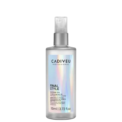 A imagem mostra o Óleo Capilar Cadiveu Professional Final Style Supreme Oil 110ml, uma embalagem prateada fosca com detalhes holográficos e texto na cor preta. Traz as informações: brilho e maciez instantânea, proteção térmica e fórmula leve.