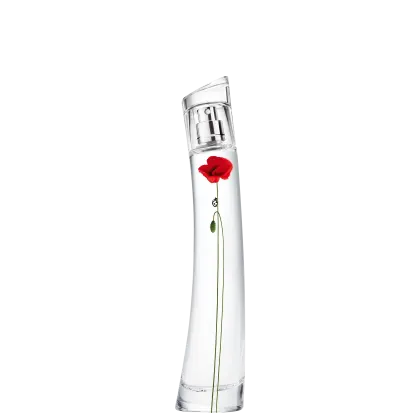 A imagem mostra o frasco do perfume Flower by Kenzo La Récolte Parisienne. é de vidro transparente em formato cilíndrico, nele está estampado uma papoula vermelha, com uma folha verde caída ao lado do seu caule e uma joaninha preta e branca, em seu caule.