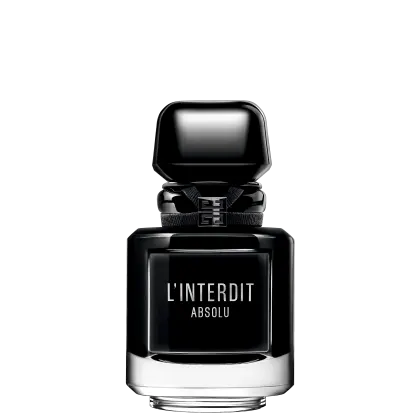 A imagem mostra o frasco do perfume L'Interdit Absolu. É um frasco de vidro preto reluzente, como uma joia, quadrado angulado com detalhes em prata na parte inferior e superior. A tampa do frasco é preta e retangular angulada.