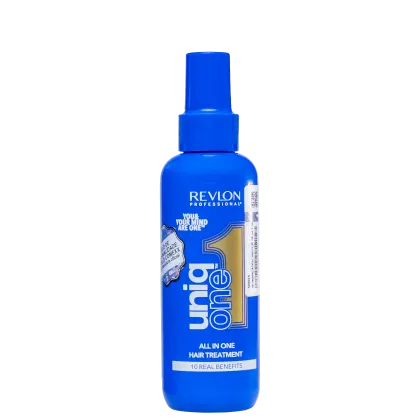 A imagem mostra o leave-in da linha Uniq One da Revlon Professional. Possui embalagem plástica azul brilhante em formato de frasco spray com tampa protetora. Rótulo frontal com o logotipo Revlon e o nome do produto. Possui detalhes em branco e dourado.