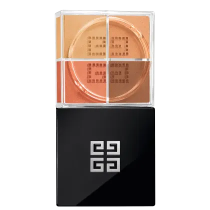 A imagem mostra o pó solto de Givenchy. É uma caixa preta elegante, com o logotipo da marca em relevo na tampa superior. A caixa é retangular e possui uma base transparente de acrílico que permite ver as cores quentes.