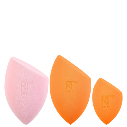 A imagem mostra um kit com três esponjas. Duas grandes em cores rosa e laranja, e uma menor cor laranja. Estão lado a lado em fundo branco.