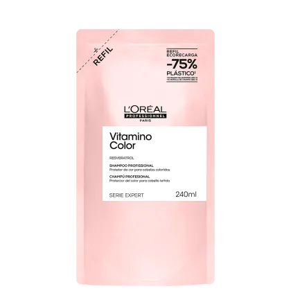 A imagem mostra o Refil Shampoo Vitamino Color, de L’Oréal Professionnel, em embalagem de 240ml. O frasco rosa com detalhes em preto e branco destaca a sofisticação da linha.