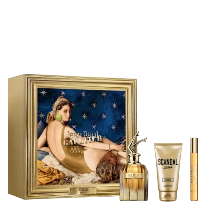 Conjunto de produtos de perfumaria Jean Paul Gaultier Scandal. Frasco de perfume dourado, caixa decorativa com imagem de mulher em estilo vintage, tubo de loção corporal e miniatura do perfume. Tons predominantes são dourado, azul e branco.