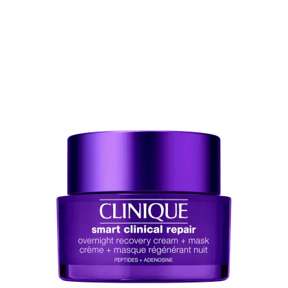 Creme de recuperação noturna + máscara da linha Smart Clinical Repair da Clinique. Embalagem roxa com tampa metálica na mesma tonalidade.