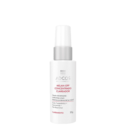 Produto clareador concentrado Melan-Off da marca Adcos. Embalagem plástica branca opaca com tampa protetora. Rótulo frontal com texto descrevendo o produto como um clareador uniformizador de tom que minimiza danos da luz visível. Frasco de 30g.