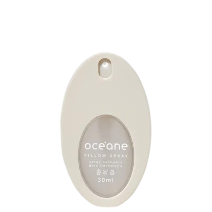 Frasco spray oval, cor bege com centro transparente onde é possível ver o líquido.