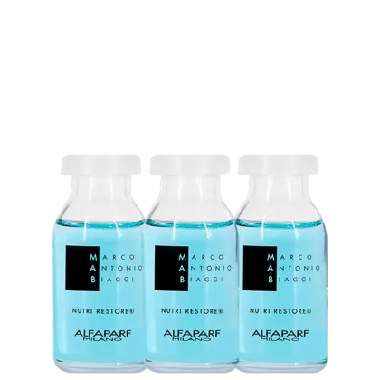 A imagem mostra três ampolas de vidro transparente contendo um líquido de cor azul clara. Os frascos têm tampas brancas e possuem rótulos pretos com o texto "NUTRI RESTORE" escrito em letras maiúsculas brancas.