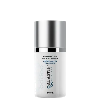 Creme de colo e pescoço da Alastin. Frasco cilíndrico de metal prateado brilhante com tampa preta. Rótulo branco com texto "Restorative Neck Complex" e "Creme Cou et Decollete" em letras pretas.