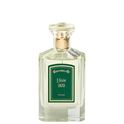 A imagem mostra o perfume em frasco retangular de vidro transparente com tampa dourada. A embalagem apresenta um rótulo verde com a inscrição "Granado & Elixir 1870 Perfume" em letras beges. O frasco tem linhas retas e cantos angulares.