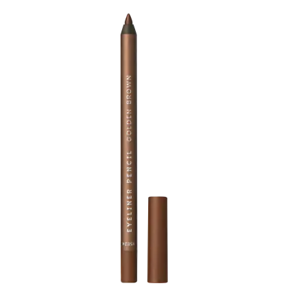 A imagem mostra o Lápis de Olho Océane Purple Eyeliner Pencil com embalagem marrom e o texto "EYELINER PENCIL GOLDEN BROWN" impresso em letras brancas.