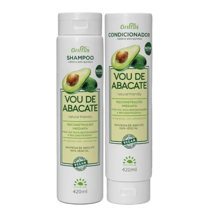 A imagem mostra shampoo e condicionador para cabelos da marca Griffus em embalagens cilíndricas brancas. Rótulos verdes com imagem de abacate.