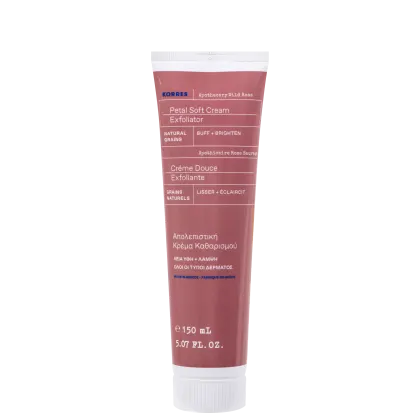 Tubo de creme esfoliante facial da marca Korres, com rótulo em inglês e grego, indicando ingredientes naturais e propriedades de suavização e iluminação da pele.